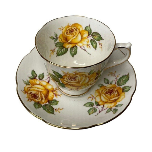 Adderley Yellow Cabbage Roses Fine Bone China Tea Cup And Saucer - Picture 1 of 8